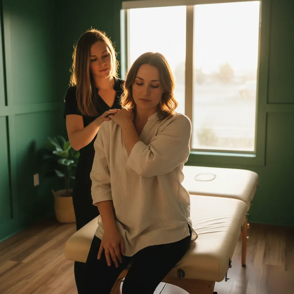 Client seated on a massage table rotating their shoulder while a therapist observes during a myofascial assessment in Prosper
