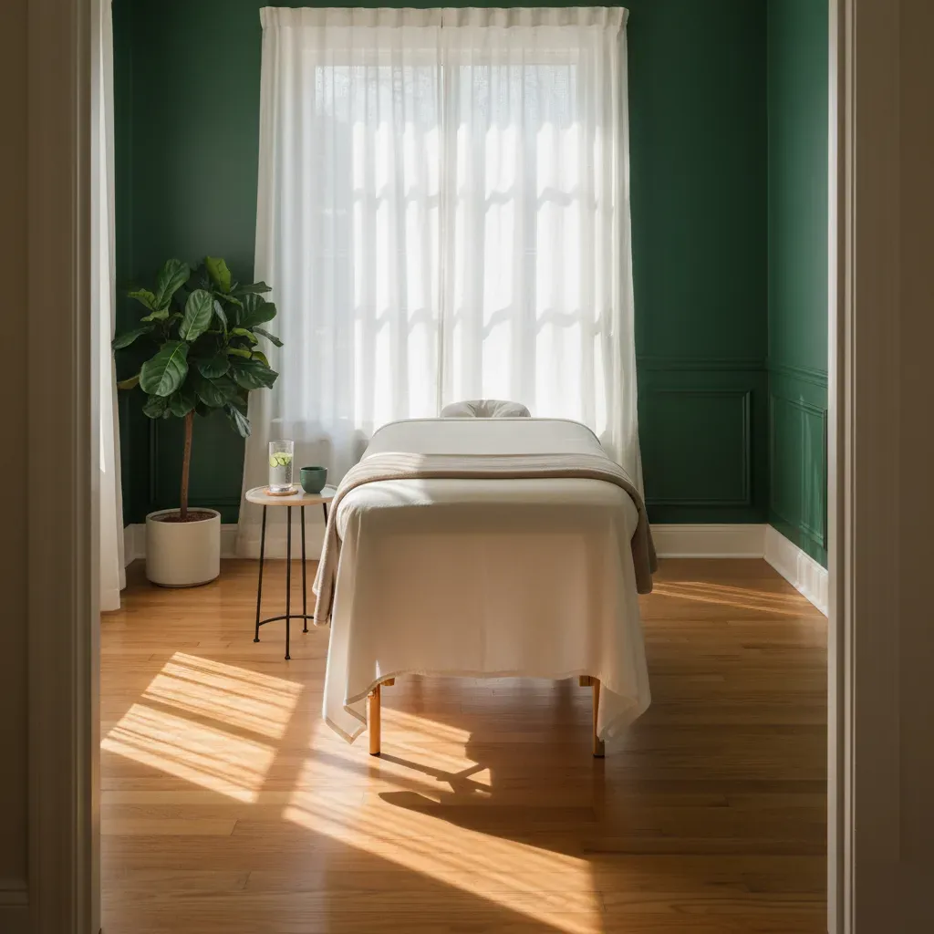 Clean, warmly lit myofascial massage treatment room in Prosper with cream linens and natural afternoon light