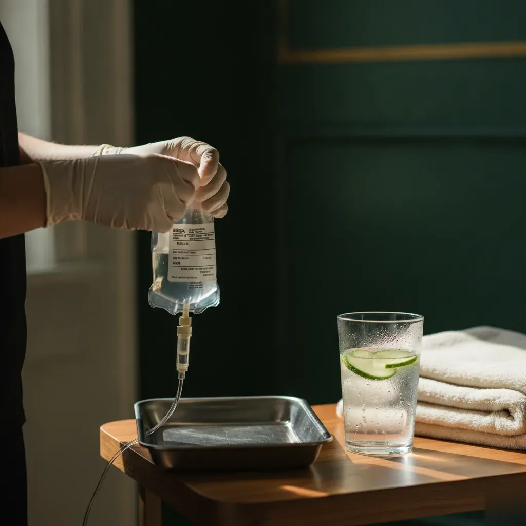 Nurse preparing a pharmacy-grade IV bag in the boutique treatment room at 360 IV Infusion and Wellness
