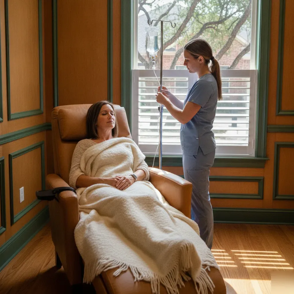 Client seated in an infusion chair during an IV therapy session at 360 IV Infusion and Wellness in Prosper, TX