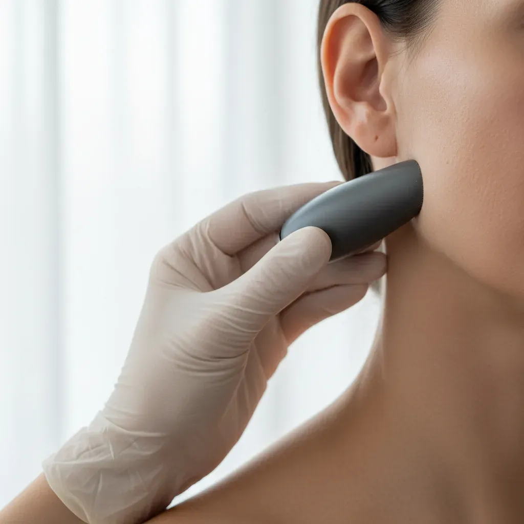 Close-up of an RF device tip against the neck during a skin tightening session at 360 IV Infusion and Wellness in Prosper TX