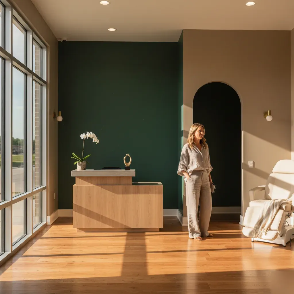 Boutique medical spa interior at 360 IV Infusion and Wellness in Prosper TX with warm wood floors and a treatment chair