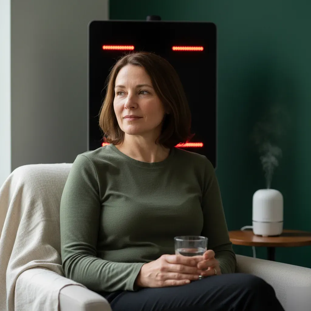 Client relaxed and refreshed after a red light therapy session at 360 IV Infusion and Wellness in Prosper TX