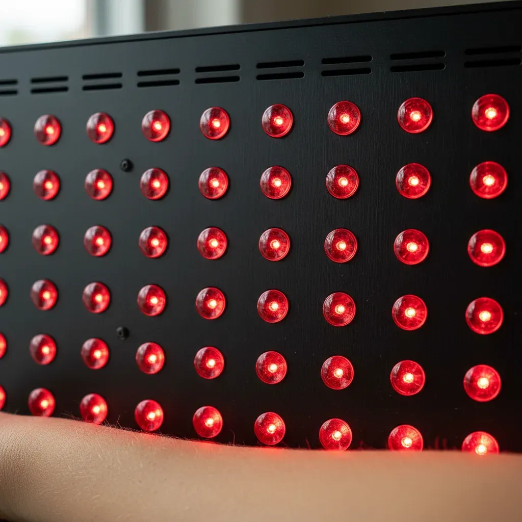 Close-up detail of the red light therapy LED panel showing its therapeutic wavelength glow at 360 IV Infusion and Wellness in Prosper TX