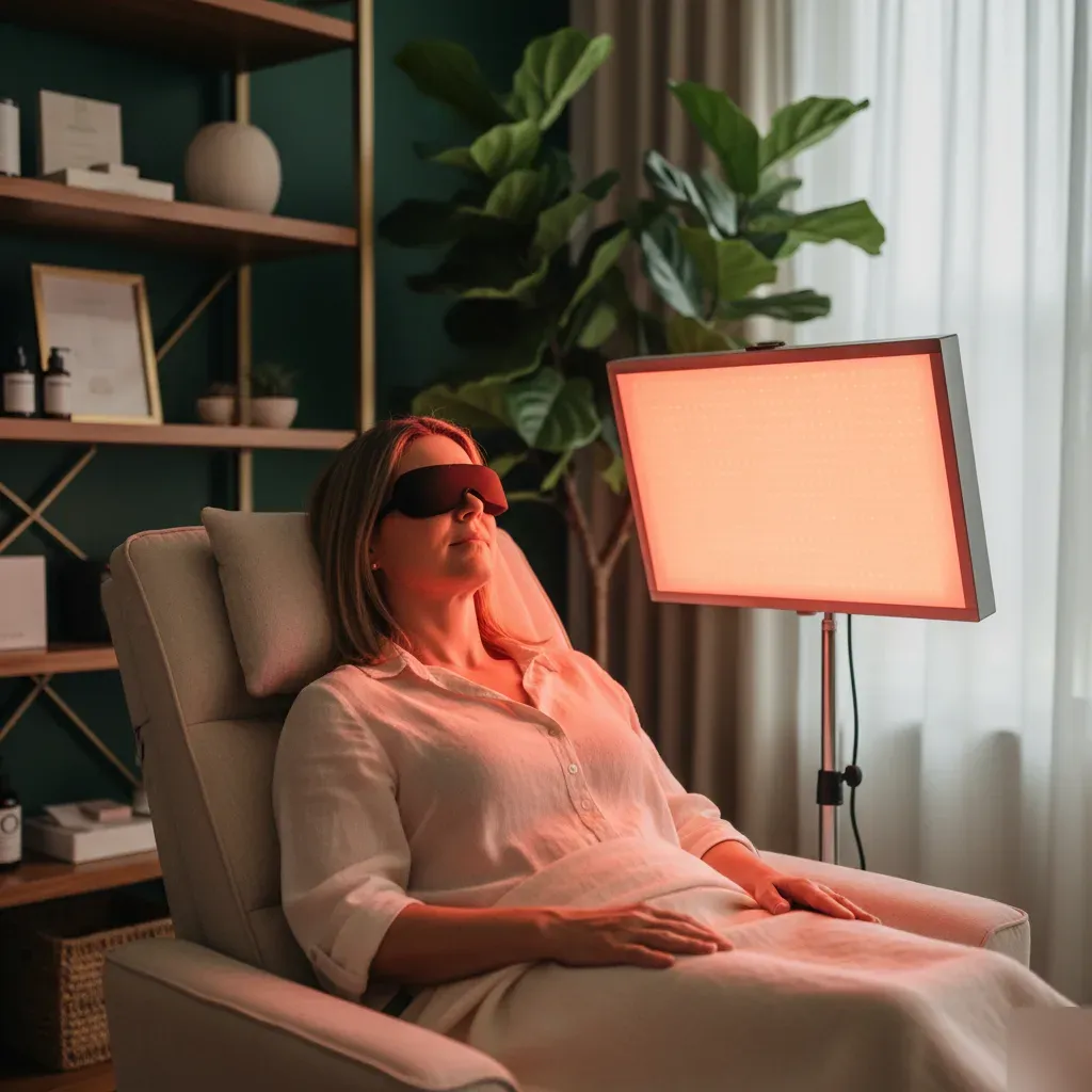 Full-body red light therapy panel in session over a treatment table at 360 IV Infusion and Wellness in Prosper TX