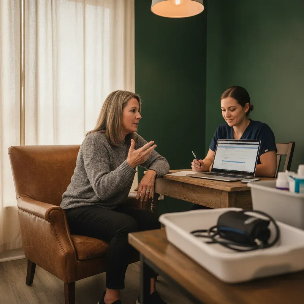 Client discussing eligibility for semaglutide with a nurse reviewing her health history during a Good Faith Exam at 360 IV Infusion and Wellness in Prosper, TX