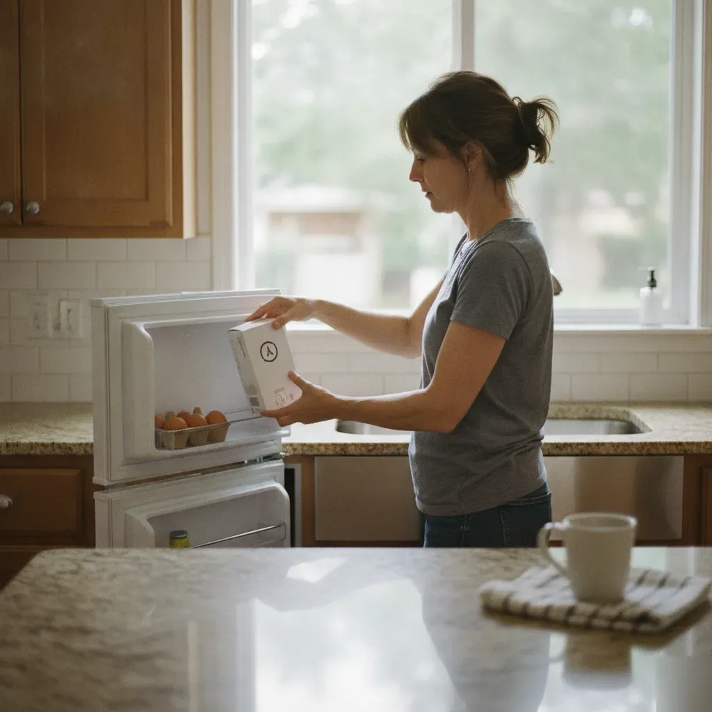 Client storing a box of semaglutide medication in a home kitchen refrigerator in Prosper, TX