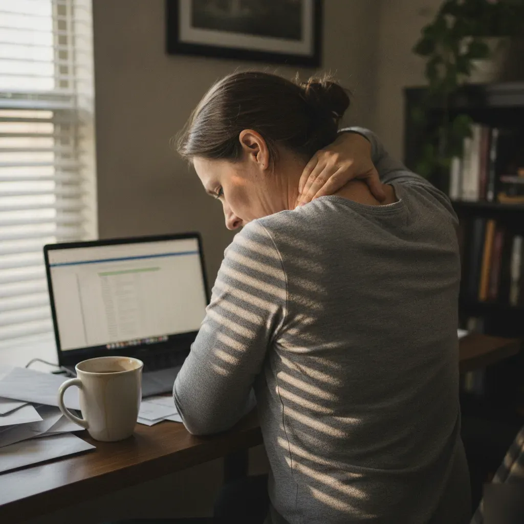 Woman rubbing a tense neck and shoulder, a common sign the body needs a massage