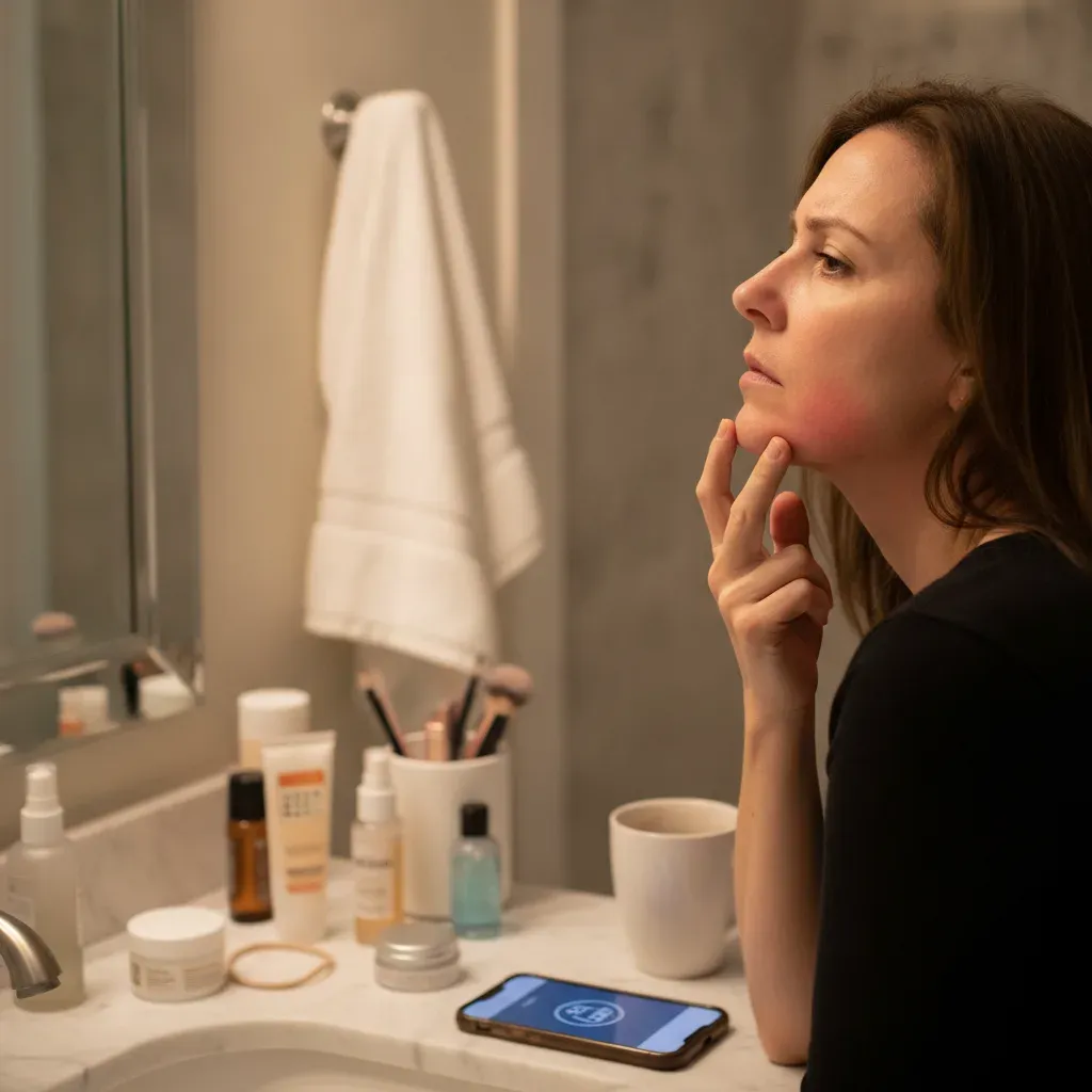 Woman inspecting irritated skin in a mirror before deciding whether to book a facial