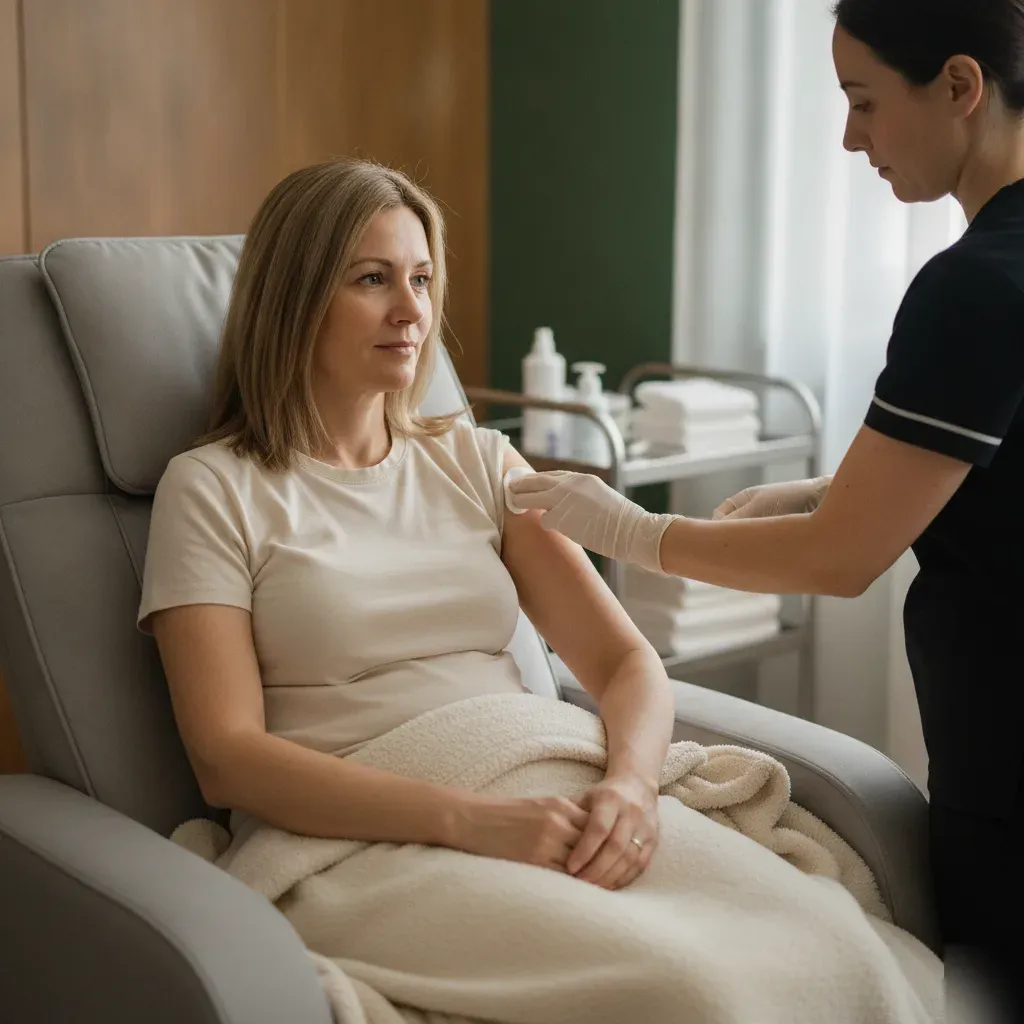 Client relaxing in a treatment chair as a nurse prepares her arm for a tirzepatide injection at 360 IV Infusion and Wellness in Prosper, TX