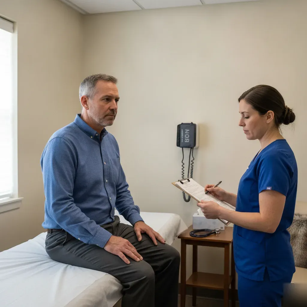 Nurse reviewing a client's health history during a Good Faith Exam before a tirzepatide injection at 360 IV Infusion and Wellness in Prosper, TX