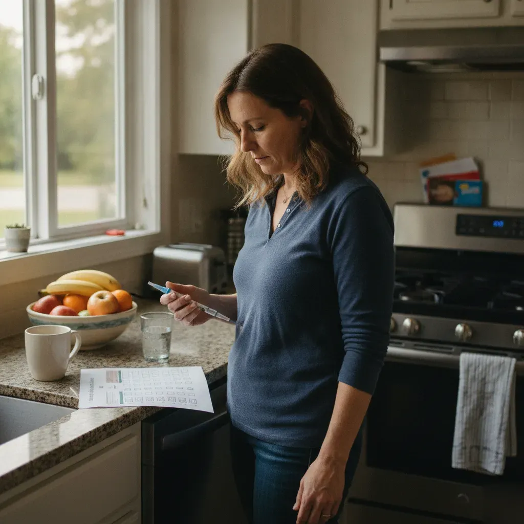 Client reviewing her tirzepatide dosing schedule at home in her Prosper, TX kitchen