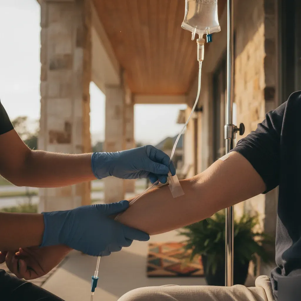 Nurse placing an IV catheter for a client at a Whispering Farms home in Prosper, TX