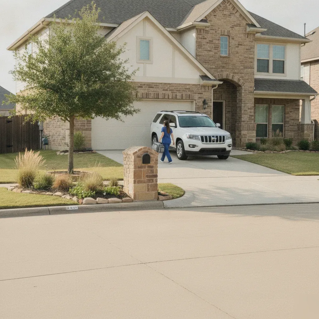 IV therapy provider walking up a driveway in the Whispering Farms neighborhood of Prosper, TX