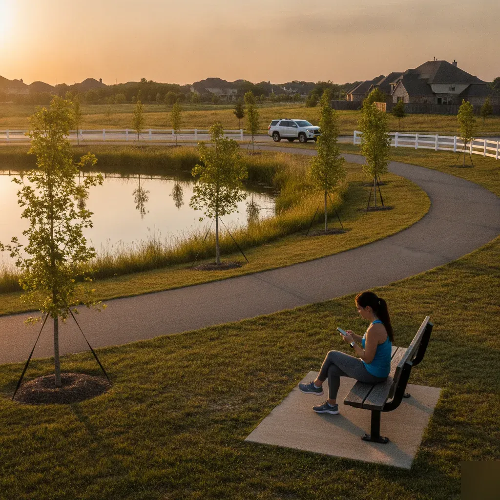 Walking trail at Town Lake Park in the Whispering Farms community of Prosper, TX