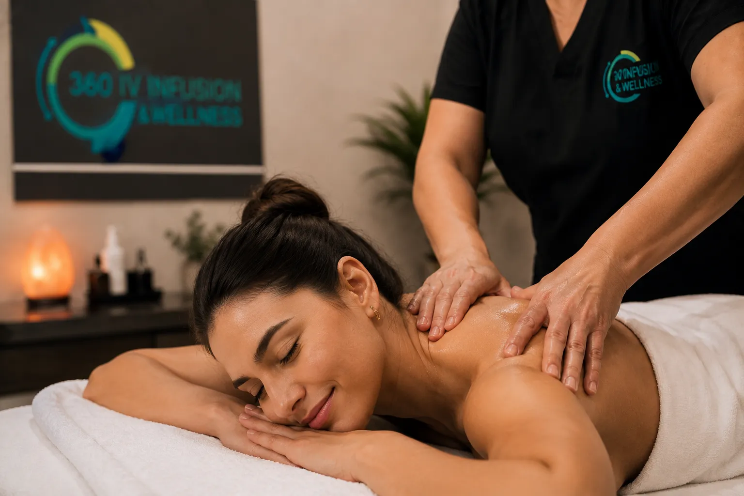 Client receiving massage therapy at 360 IV Infusion and Wellness in Prosper TX